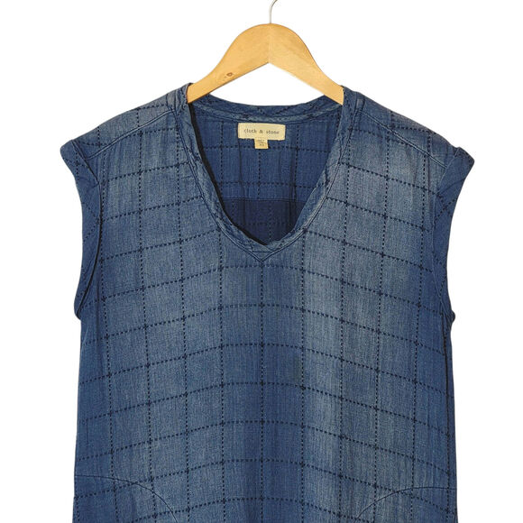 Cloth & Stone Quilted Chambray Blue Midi Dress Boho Chic Raw Hem Relaxed Fit XS - Picture 3 of 16